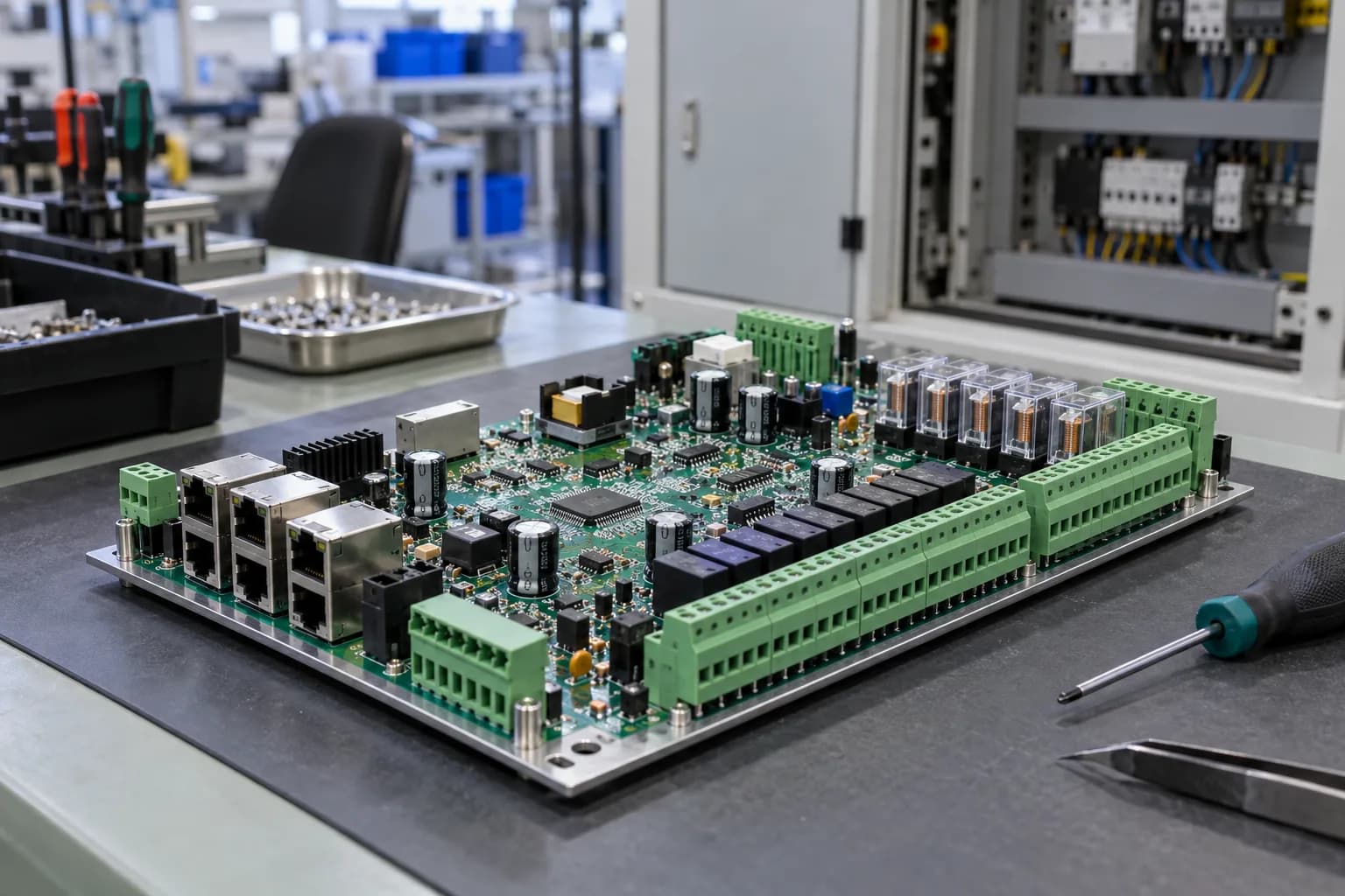 AI-generated illustration of an industrial controller PCBA