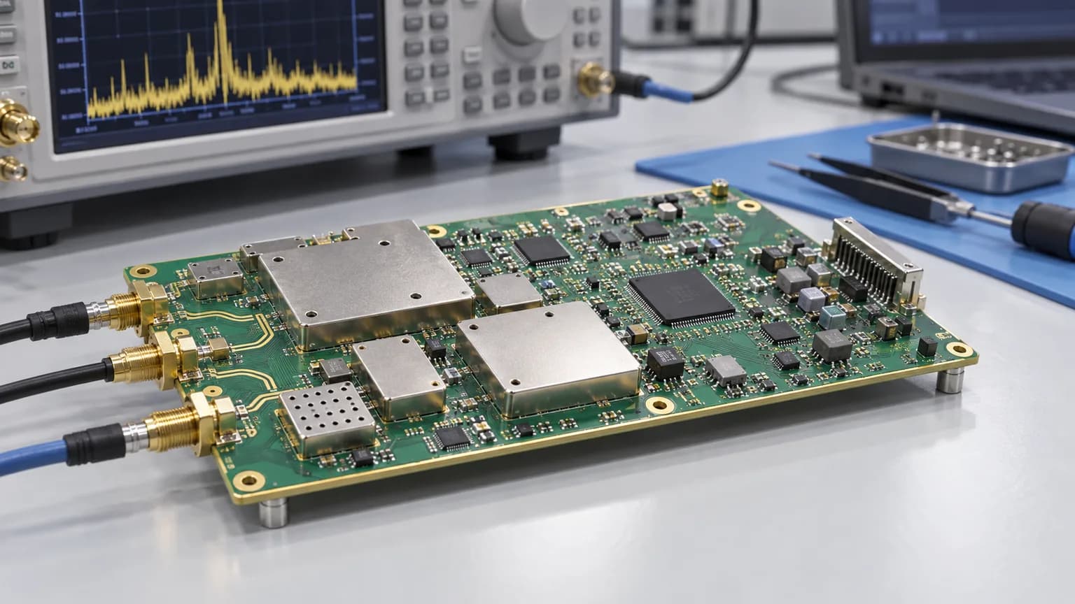 AI-generated illustration of an RF transceiver PCBA